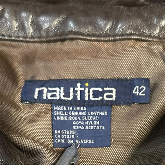 Nautica Genuine Leather Bomber Jacket Brown Size 42 Zip Front‎ Lined Classic - Picture 6 of 13
